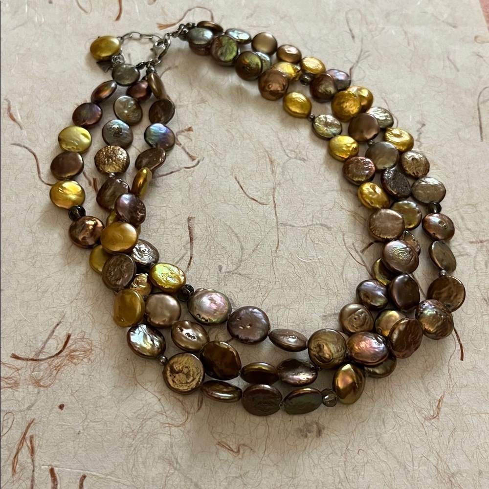 Retired Silpada copper and bronze multistrand coin pearl necklace sterling clasp